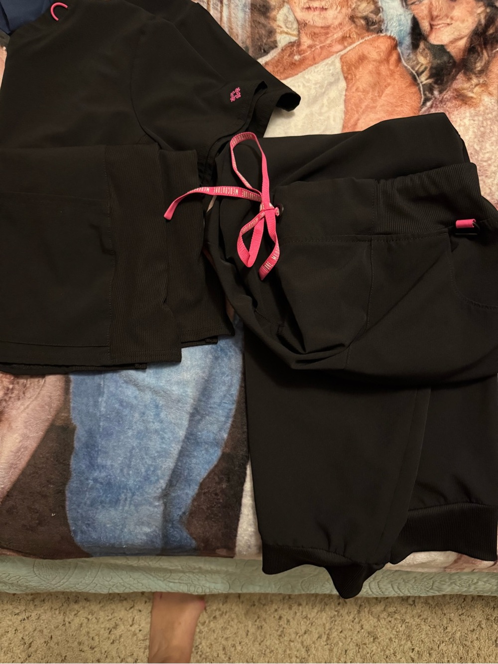 Med Couture Black Track Joggers with Pink Drawstring Accents scrub set with pock